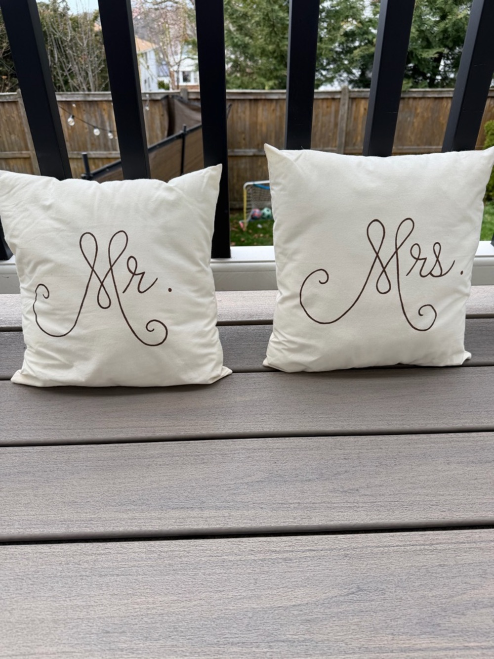 Mr. & Mrs. Decorative Throw Pillow Pair - Cream with Brown Script